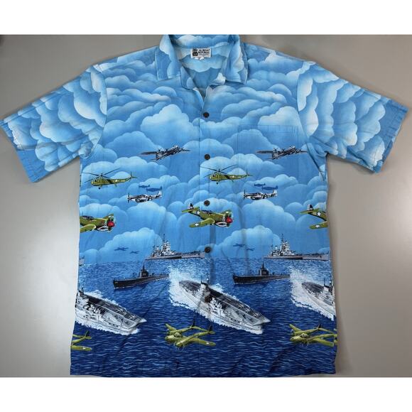 Aloha Republic Other - Aloha Republic Mens Military Plane Hawaiian Shirt L Ships Navy Tropical Vacation